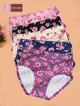 5条装加大码女士波点印花舒适纯棉三角裤，四季皆宜