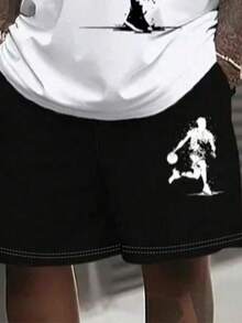 篮球图案印花加大码男士短袖短裤套装，时尚黑白抽绳短裤套装，夏季运动休闲装，100% 涤纶短裤和T恤两件套