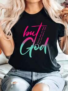 Women's Christian Graphic T-Shirt "But God" Scripture Design - Black With Pink & Teal Lettering, Soft Round Neck Short Sleeve Casual Top For Spring/Summer, Machine Washable Religious Apparel - 黑色 - 查看 6
