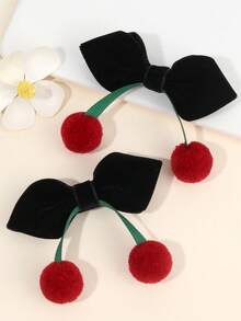 2 piezas Lazos de terciopelo para el cabello de niña, lindos lazos con acento de pompón rojo, tela de terciopelo roja/verde oscuro/negra a juego, adorables pasadores para el cabello, fiestas festivas, atuendos de invierno, clips con estilo alegre - se mantienen firmes en su lugar para la escuela, reuniones familiares, atuendos de otoño