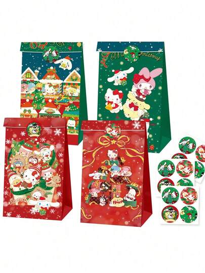 Sanrio 12Pcs Paper Bags And 12Sheets Stickers Hello Kitty Gift Bag Set Colorful Cartoon Design With Cute Kuromi Cinnamoroll My Melody Characters Party Favor Gift Paper Box Bags For Packing Gifts Candy