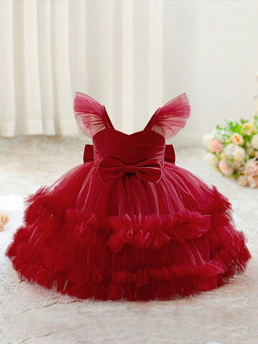 女婴V领蝴蝶结荷叶边网纱婚纱，适合生日派对，不含头饰 - 酒紅色 - 查看 1