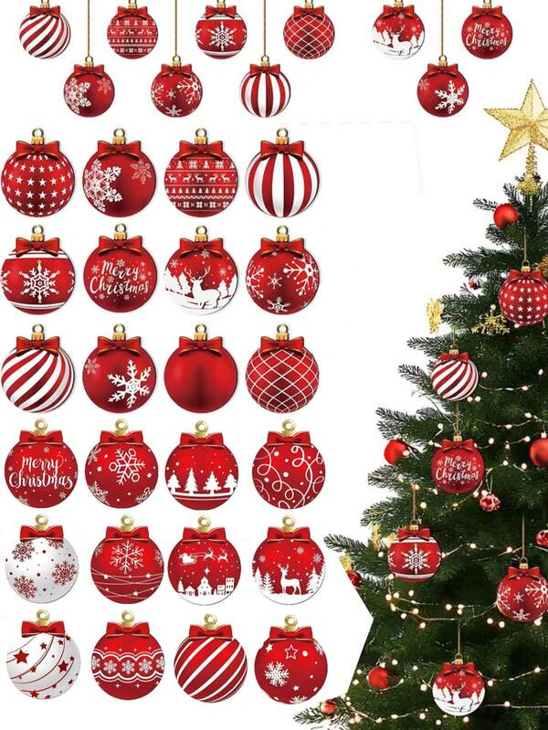 24 piezas Adornos de bolas de madera navideñas, decoraciones colgantes clásicas para árboles de Navidad en el hogar y el jardín - Decoraciones para fiestas navideñas, accesorios navideños, adornos de tronco con diversos diseños navideños, sin plumas, aptos para colgar en Navidad