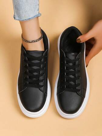Women's Casual Lace-Up Platform Sneakers, Minimalist Style, Suitable For Leisure Outfits