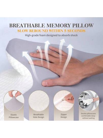 Memory Foam Pillow, Neck Support Ergonomic Kussen Side, Back Stomach Sleepers, Contoured Bed Breathable Cover, White/Grey view 3
