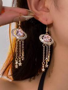 2 piezas Pendientes de lujo con diseño de estrella de nicho para mujeres, pendientes colgantes de aleación con strass y cristal rosa en forma de estrella, pendientes largos elegantes