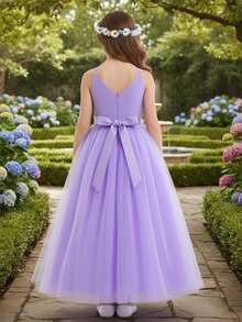 Flower Girls Spaghetti Strap Tulle Dress Long A Line Wedding Pageant Dresses Princess Birthday Party Ball Gown - Mauve Purple - View 2