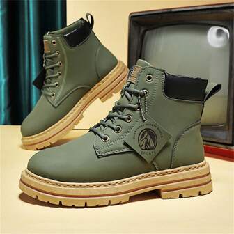 1 Pair Men's High-Top Outdoor Boots, Work Boots, Ankle Boots, British Style, Short Boots, Korean Fashion, Thick Sole, Height Increasing, Shoes, Christmas, Thanksgiving, New Year Holiday Gift. Note: Slight Color Difference On The Heel And Sole.