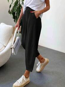 Women High Waisted Capri Pants Breathable Baggy Harem Casual Summer Trousers - màu đen - Xem 4