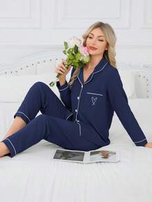 2 pièces Ensemble de pyjama femme avec Top à manches longues et pantalon, vêtements d'intérieur et d'extérieur décontractés et amples avec imprimé cœur, adapté pour l'automne et l'hiver - Bleu marine - Voir 2