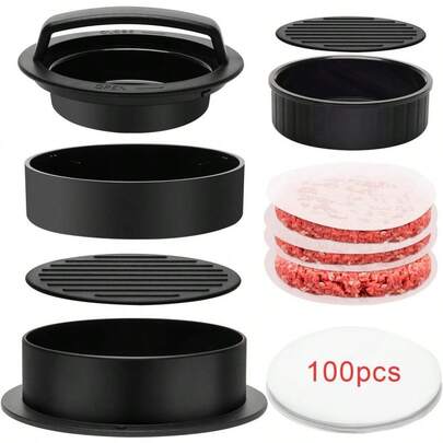 3-In-1 Hamburger Press, Mold + 100 Sheets Of Greaseproof Paper, Hamburger Patty Maker, Stuffed Hamburger Press, Suitable For BBQ Non-Stick Slider Beef Burger Press (Black)