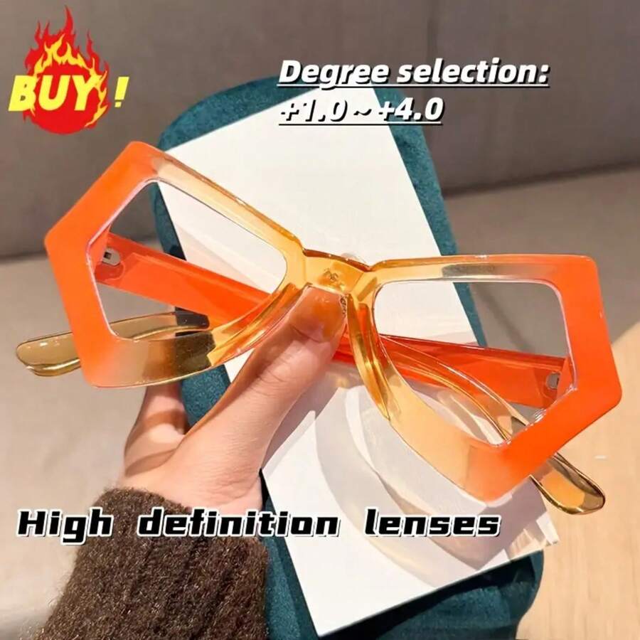 1 Pair Of Polygonal Color Block Face Slimming Reading Glasses Fashionable Matching Multiple Colors +100~+400 Different Degrees Available Computer Reading Eye Protection - 橙色框架 - 查看 1