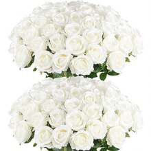50PCS Large Velvet Artificial Roses 4.14" Real Touch Long Stem Fake Flowers In Bulk For Flower Arrangement, Wedding, Home & Party Decor (White) - White 50pcs - View 8