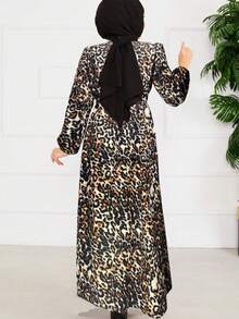 Rochie maxi cu imprimeu leopard, mânecă lungă pentru femei, material țesut, neelastică