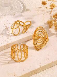 Set de 3 anillos ajustables de acero inoxidable con baño de oro de 18K, con diseño geométrico asimétrico de líneas, elegante y de moda para mujeres, adecuado para uso diario, vacaciones, fiestas y uso casual - Multicolor - Ver 2