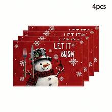 (¡¡¡Caliente!!!) 1/4/6 piezas Manteles individuales de lino rojo con escena navideña, decoración de mesa de cocina familiar de estilo rústico para Navidad y vacaciones de invierno.