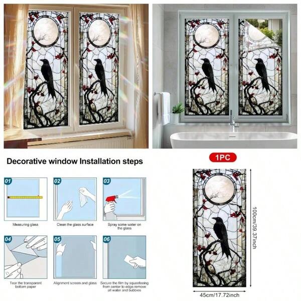 Gothic Raven Window Film 17. 39.3 Inch Stained Glass Window Film Privacy Blocking Static Cling Sticker Privacy Decorative Moon Berry Vines Glass Door Halloween Home Decor