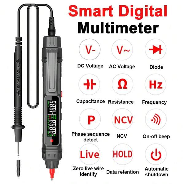 Digitales Multimeter mit 6000 Zählungen, kontaktloser Hochpräzisions-Spannungsprüfer, Auto-Bereichseinstellung, Kapazität, Ohm, NCV-Tester