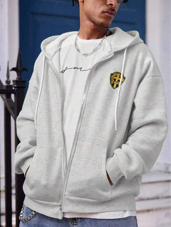 Men's Casual Loose-Fitting Knit Hoodie With Zipper Design, Embroidered Pattern, Thermal Lined Warm Sweatshirt For Fall Outfits & Winter Outfits