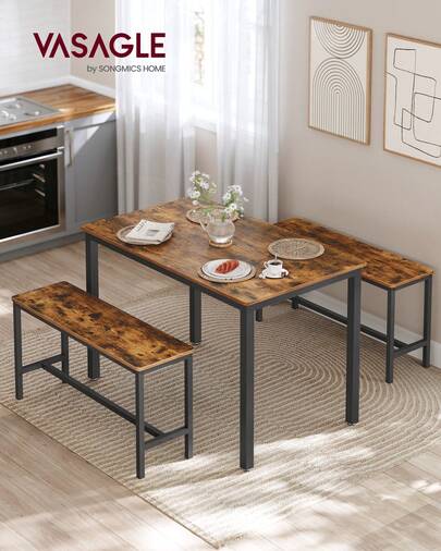 Dining Table With 2 Benches, 3 Piece Set, Kitchen Table Of 70 X 110 X 75 Cm, 2 Benches Of 30 X 97 X 50 Cm Each, Steel Frame, Rustic Brown And Black