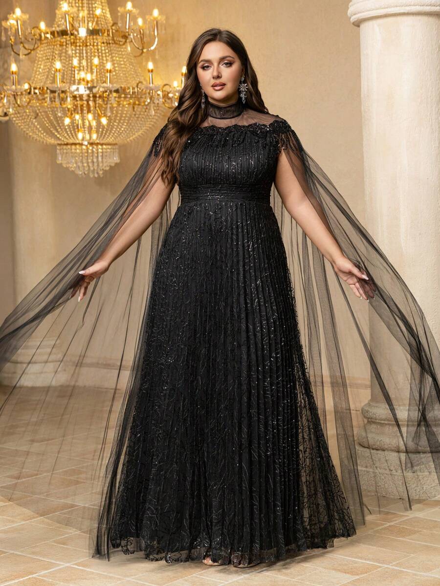 UNITHORSE [Random Print] Plus Women's Stand Collar Floating Piece Sleeve Tassel Slim-Fitting Evening Dress