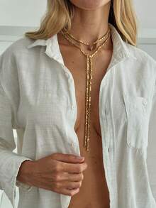 1pc Bohemian Geometric Square Beaded Teardrop Tassel Long Necklace, Luxurious Vacation Party Jewelry Gift For Women & Couples, Versatile Wear (Multiple Wearing Styles)