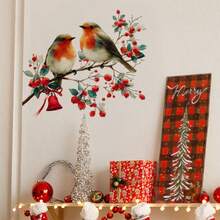 Weihnachts-Spatz-Fenster-Statik-Aufkleber - Abnehmbare, nicht-klebende PVC-Aufkleber mit rotem Vogel und Stechpalmen-, Beerenzweig-Mustern, festliche Fensteraufkleber für Zuhause & Büro, Festivalparty-Dekoration, wiederverwendbare Weihnachtsdekoration, Weihnachtsgeschenke