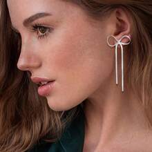 Bow Earrings For Women  Sparkly Rhinestone Chain Tassel Earrings Cute Ribbon Stud Earring Daily Party Jewerly Gifts Christmas Stocking Stuffers - D2:銀色蝴蝶結流蘇耳環 - 查看 2