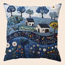 1 件复古达拉纳农场蓝色抱枕套，18 英寸 X 18 英寸，柔软毛绒，单面印花，拉链式，可机洗，适合各种房间风格，装饰性靠垫套 - 无刺绣 - 藍色 - 查看 11
