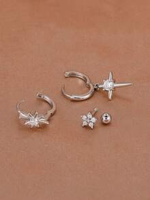 Bộ 3 khuyên tai đính đá Zirconia hình ngôi sao thời trang dành cho nữ, thép không gỉ mạ vàng 18K, đính đá Cubic Zirconia hình ngôi sao độc đáo, bộ trang sức xỏ khuyên thanh lịch cho sụn vành tai, vành tai xoắn ốc dành cho nữ - Bạc-Trắng-3PCS - Xem 2