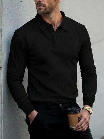 1pc Men's New Fashionable Casual Ribbed Collar Long Sleeve Polo Shirt, Suitable For Spring/Autumn Daily Wear, Versatile