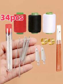 [Kit de couture pour seniors] 34 pièces (5 tailles) Kit de couture grande aiguille pour seniors - Aiguilles à main faciles à enfiler avec enfileurs, 3 bobines de fil polyester (noir/blanc/rouge) et tubes de rangement - Ensemble complet d'aiguilles en acier pour le matelassage, l'artisanat, les vêtements et la réparation de tissus à la maison