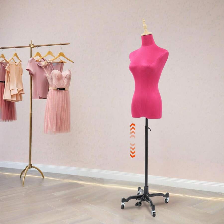 CNCEST Dress Form, Female Sewing Mannequin, Movable Rolling Body Model Base, 4.27-6.23ft Height Adjustable Female Clothing Display Model, Detachable Casters Clothing Display Stand Mannequin For Clothing Display And Tailor Design (Hot Pink) - Hot Pink - View 1