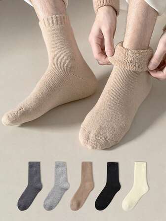 5 Pairs Of New Women's Warm Winter Socks, Thickened Plus-Size Classic Fleece Socks, Solid Merino Wool Socks, Cold And Snowproof, Plush Socks, Suitable For Fall And Winter, Moisture-Wicking, Quick-Drying, And Stylish Everyday Wear, In Black. Christmas Gift