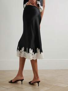 Women Silk Satin Half Slip Long Skirts Lace Patchwork Elastic Waist Long Skirt Elegant Silky Flowy A Line Midi Skirts