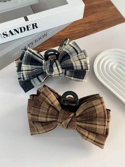 1pc Women's Fashion Elegant Fabric Plaid Bow Clip, Minimalist Versatile, Ponytail Updo Hair Clip Hair Claw, Suitable For Daily Outings Hair Decoration Accessories, Bohemian Elegant Elegant Claw Clips