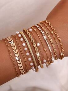 12 piezas Conjunto de pulseras de joyería versátil para mujer, con cadenas planas vintage elegantes, cadenas de caja, cadenas de cuentas, cadenas retorcidas, cadenas con rhinestones, cadenas huecas con corazón creativo, cadenas onduladas, para uso diario, casual y de fiesta - Dorado - Ver 11