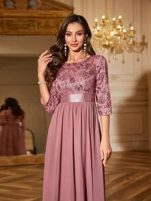 UNITHORSE [Cắt ngẫu nhiên] Váy dạ hội phù dâu bằng vải voan thêu hoa cổ tròn thanh lịch dành cho nữ - Bụi hồng - Xem 6