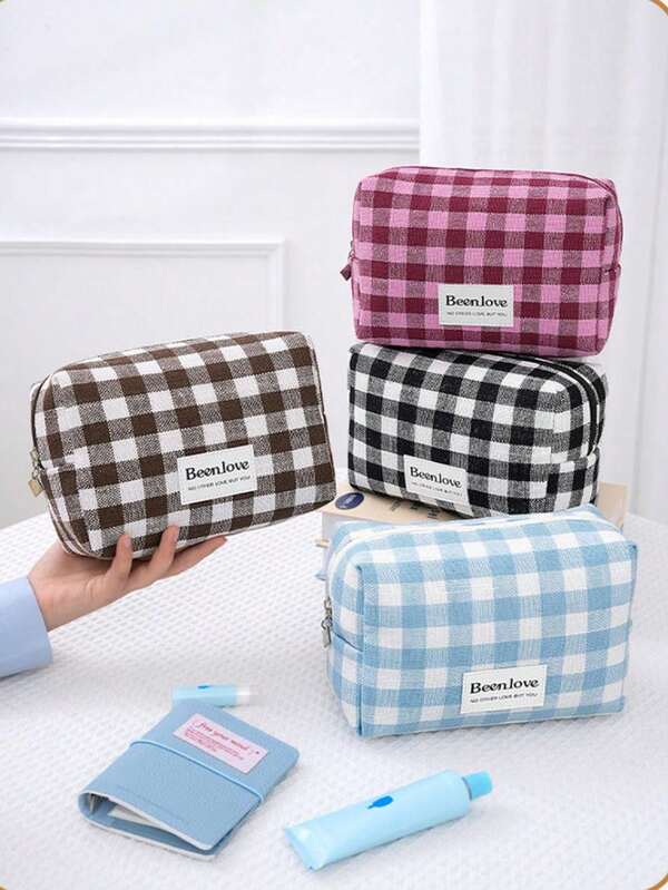 1 bucată geantă de machiaj cu model grilă la modă, geantă de machiaj cu model clasic de șah, geantă de depozitare pentru machiaj cu capacitate mare, geantă de machiaj cu design de șah, geantă de machiaj din material moale, geantă de machiaj minimalistă, geantă de depozitare pentru pensule de machiaj, geantă mică de călătorie pentru toaletă, călătorie, școală, cadouri de Crăciun, înapoi la școală