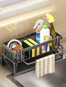 Kitchen Sink Organizer Rack With Integrated Sponge Holder - Black Space-Saving Countertop Storage Rack, Available In 2 Materials And 3 Colors, Sink Drainer Rack To Hold Sponges, Brushes Etc. - Compact Kitchen Organizer Rack For Small Spaces, Sink Organizer Rack, Sink Organizer Rack With Towel Bar, Kitchen Organizer Rack, Sink Accessories Organizer Rack, Kitchen Sink Storage Rack