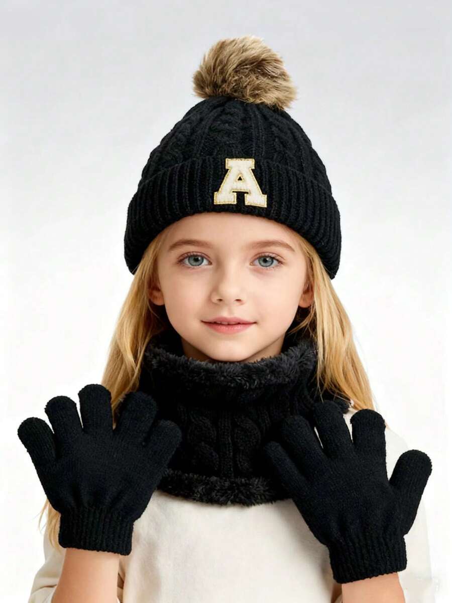 3pcs Kids Winter Knitted Warm Hat, Gloves And Scarf Set, Back To School Gift - Black - View 1