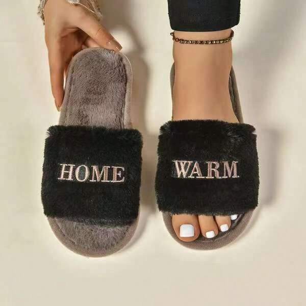 Women's Open Toe House Slippers,White Plush Slippers With LetterEmbroidery, Simple And Fashionable,Comfortable And Ultra-Light,Suitable For Four Seasons, IndoorSlippers For Spring And Autumn,Black And Elegant