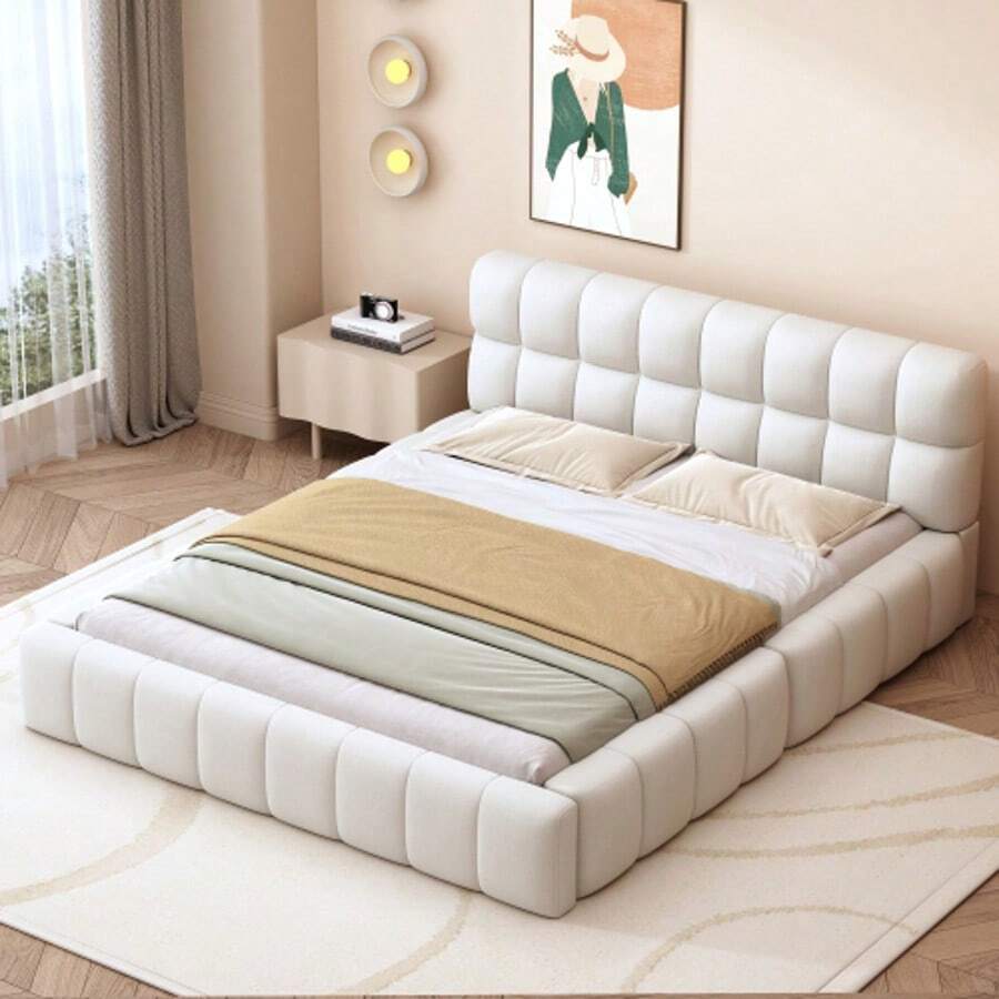 Upholstered Bed 140 X 200 Cm, Youth Bed, Double Bed With Soft Backrest, Flat Bed With Upholstered Border, Slatted Frame Linen Beige (Mattress Not Included) - Beige + Upholstered(2) - View 1