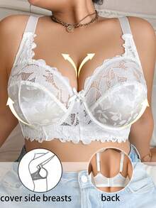 Plus Size Women Fashion Lace Patchwork Underwire Bra - White - View 1