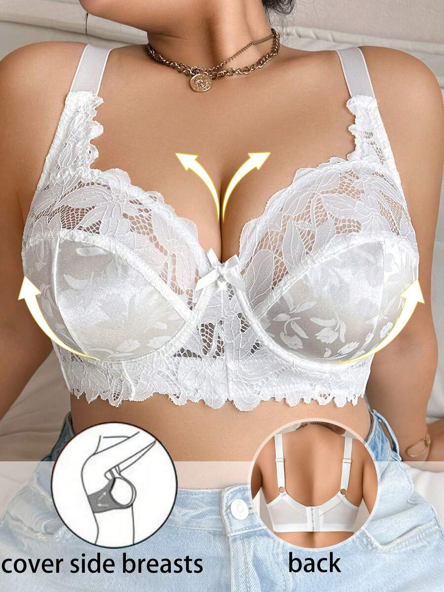 Plus Size Women Fashion Lace Patchwork Underwire Bra - White - View 1