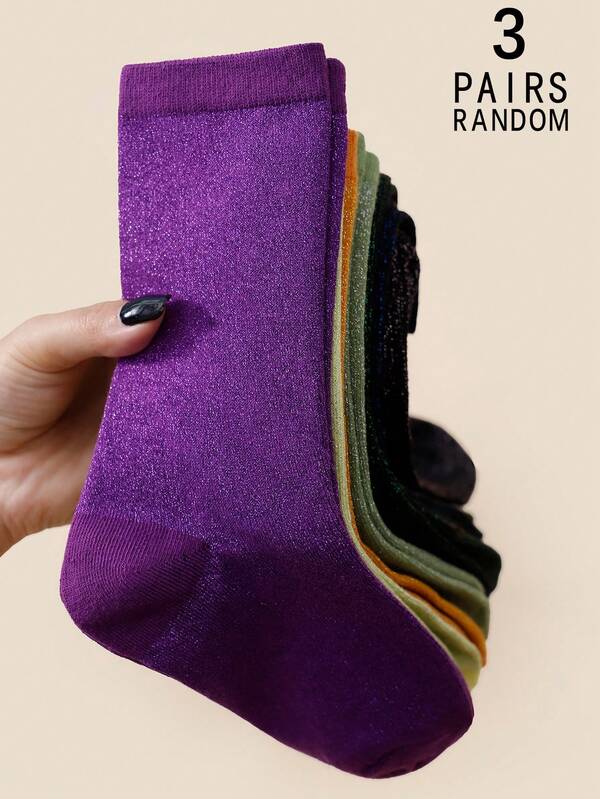 3 Pairs Women's Vintage Style Solid Color Lurex Comfortable Breathable Crew Socks