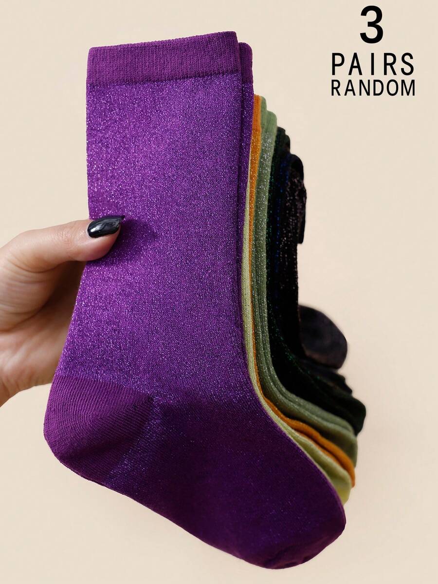 3 Pairs Women's Vintage Style Solid Color Lurex Comfortable Breathable Crew Socks