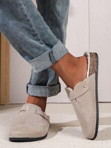 Unisex Fluffy Single Buckle Slippers, Comfortable For Indoor/Outdoor, Casual, Versatile Flat Slides - Khaki - View 4