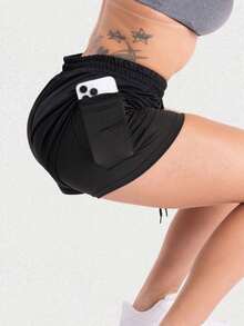 2 Women's Double Gym Shorts With Pocket Bermuda Shorts For Training, Walking And Other Sports - Black+Gray - View 8