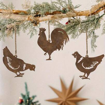3 peças por conjunto de decorações de galinha de metal rural, decorações de árvore de Natal com tema de galinha rural, artesanato de metal pendurado, decorações de jardim ao ar livre para feriados, sem penas, sem eletricidade, presentes de Natal exclusivos adequados para famílias e reuniões